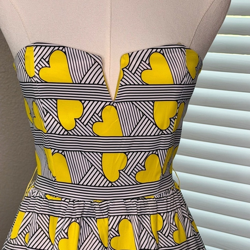 Strapless Heart Print Mini Dress Yellow Black White Whimsical Coquette Sz S NWT - Picture 9 of 13